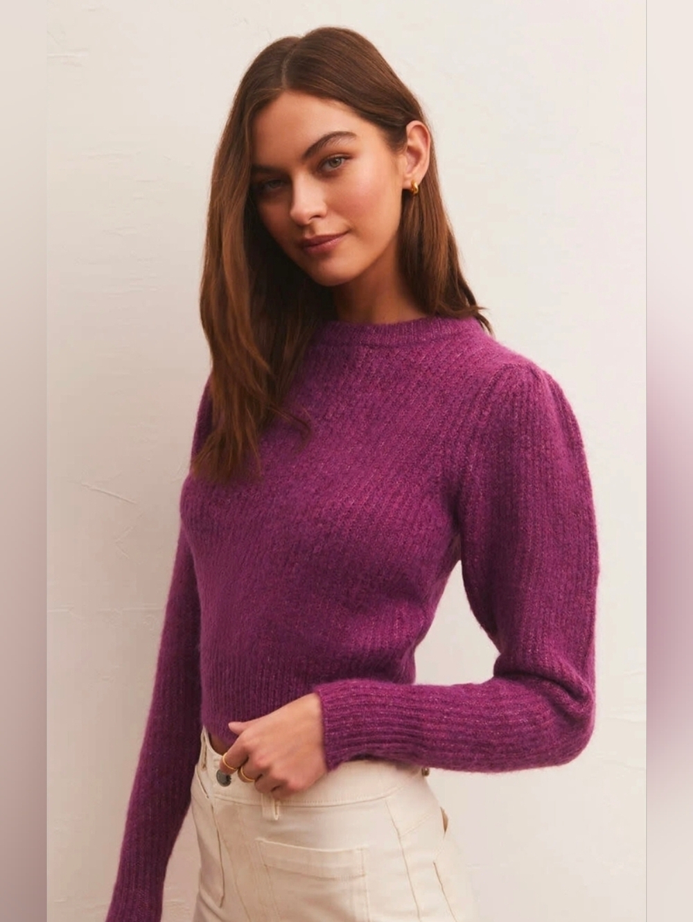 Z Supply Vesta Sweater Magenta Puff Sleeve Crewneck XS Romantic Boho Pullover